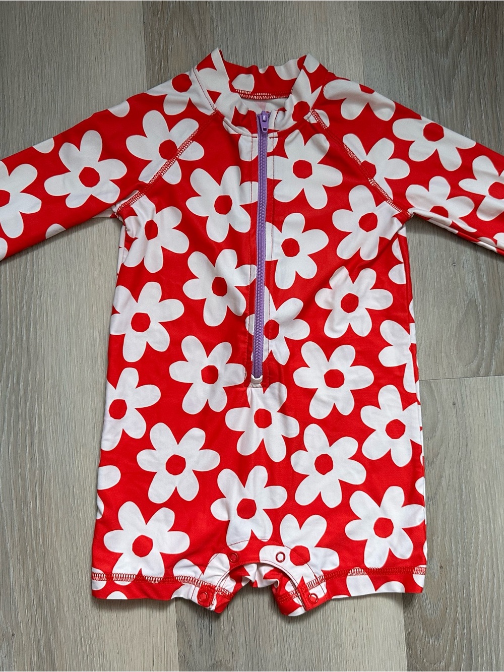 Kids Primary 12-18m Red & White Floral One-Piece Swim Suit with Front Zip